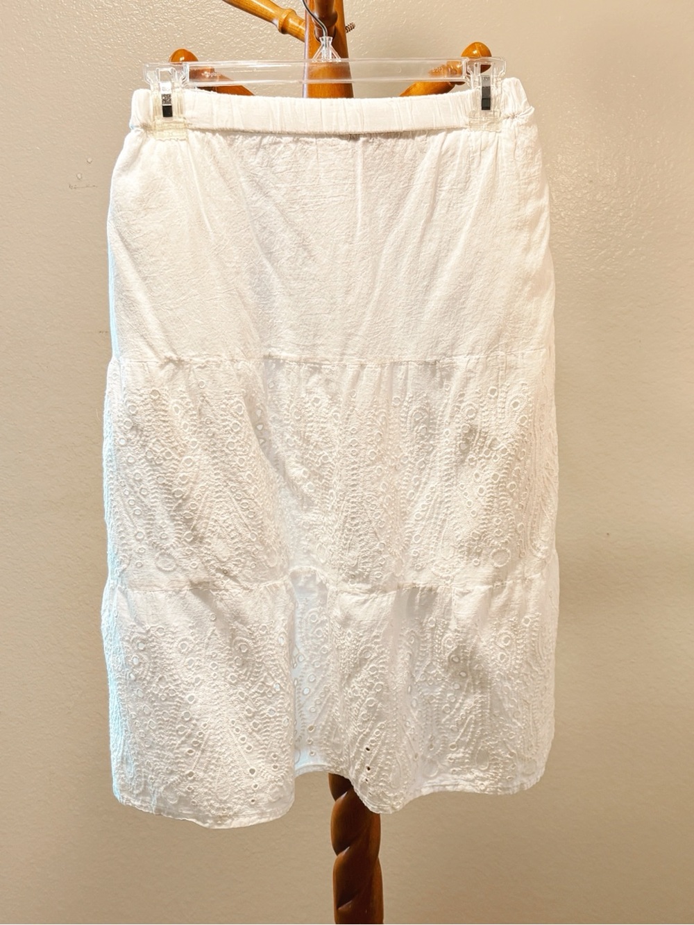 VTG JANE ASHLEY WHITE TIERED MIDI SKIRT SZ 2X / BOHO PEASANT W/EMBROIDRY EYELETS
